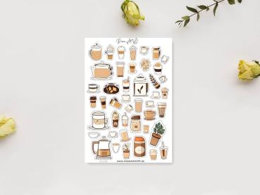 Aufkleber-Set mit verschiedenen Kaffeetassen, Teekannen, To-Go-Bechern und Kaffeezubehör, gestaltet von DreamArt VM, präsentiert auf einem weißen Hintergrund mit gelben Rosen.